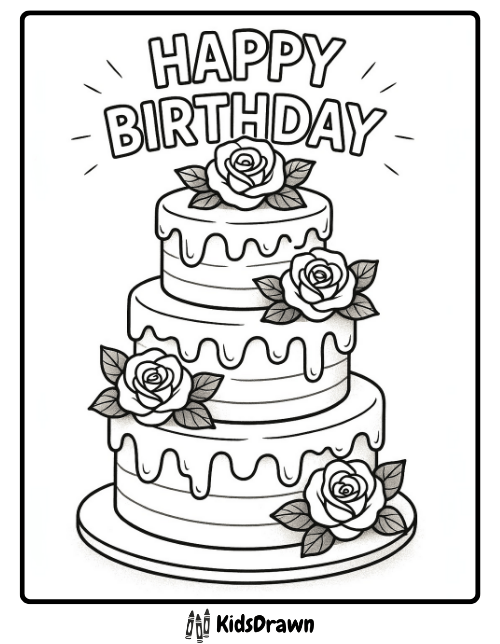 Happy Birthday coloring page featuring a layered cake with roses and frosting – elegant printable birthday design for kids and adults