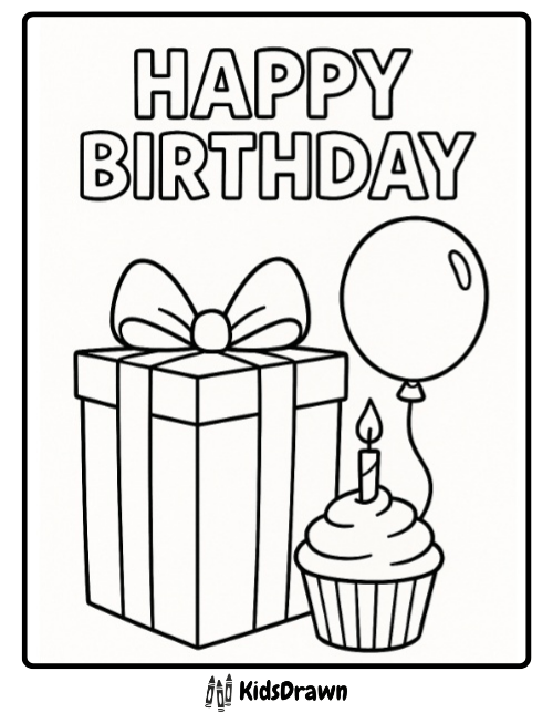 Happy Birthday coloring page with a cupcake and candle, large gift box, and balloon – free printable birthday sheet for kids