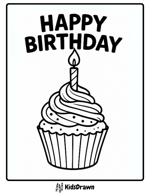 Happy Birthday coloring page featuring a cupcake with frosting and a candle – simple and free printable birthday design for children