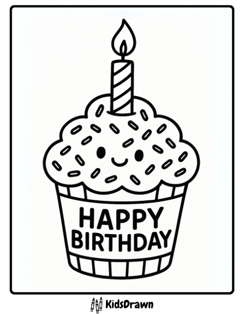 Happy Birthday coloring page with a smiling cupcake topped with sprinkles and a candle – adorable printable birthday activity for kids