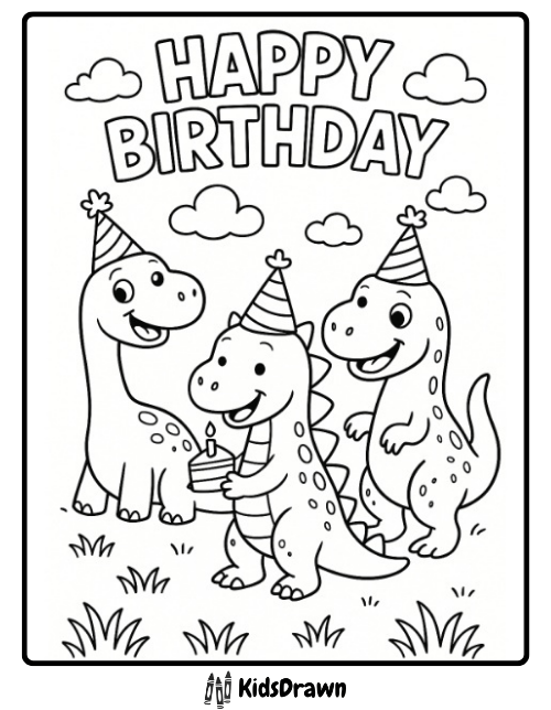 Happy Birthday coloring page with cute dinosaurs wearing party hats, celebrating with cake outdoors – fun printable birthday sheet for kids