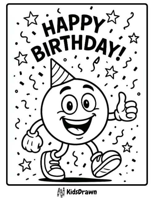Happy Birthday coloring page featuring a smiling emoji character with party hat, confetti, and stars – fun printable sheet for children