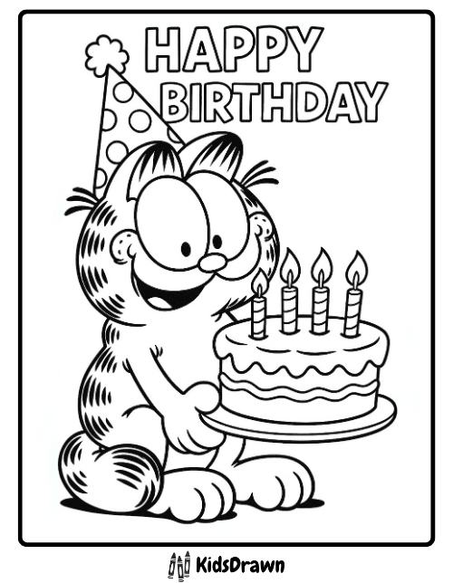 Happy Birthday coloring page with Garfield wearing a party hat and holding a birthday cake with candles – printable cartoon birthday activity