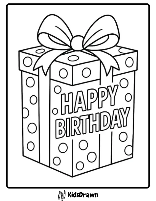 Happy Birthday coloring page with a large wrapped gift box and bow – free printable birthday present design for kids