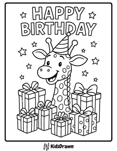 Happy Birthday coloring page featuring a smiling giraffe in a party hat surrounded by gift boxes and stars – printable birthday activity for children