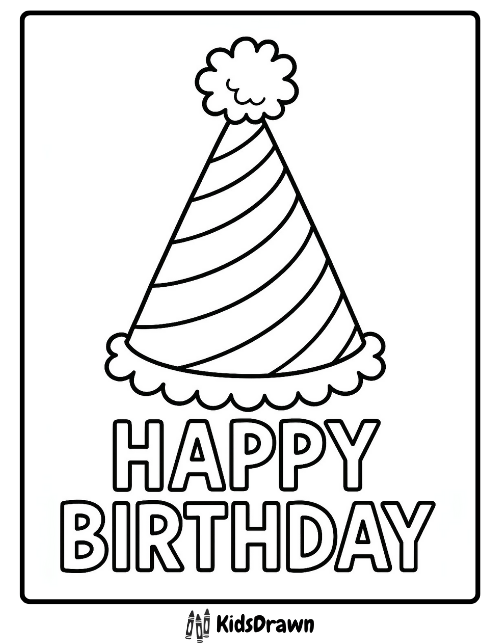 Happy Birthday coloring page with a striped party hat and fluffy pom-pom – simple and free printable birthday design for kids