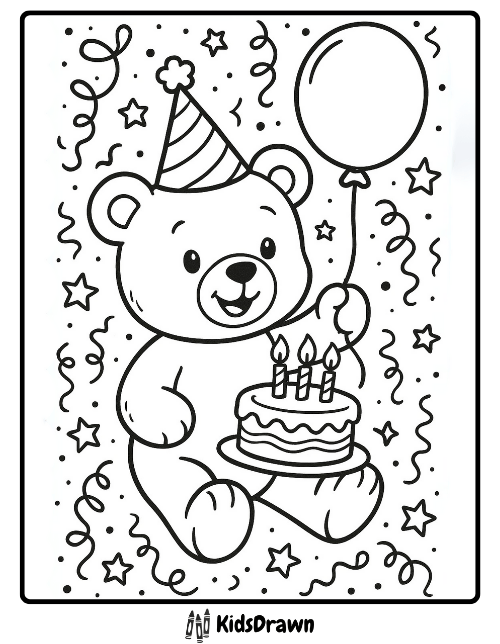 Happy Birthday coloring page with a teddy bear in a party hat holding a balloon and birthday cake with candles – cute printable birthday activity for kids