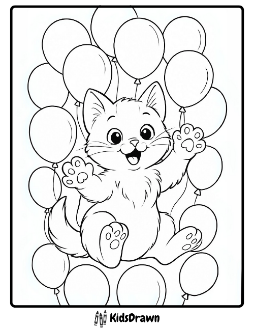A happy kitten floating joyfully among many balloons with its paws raised