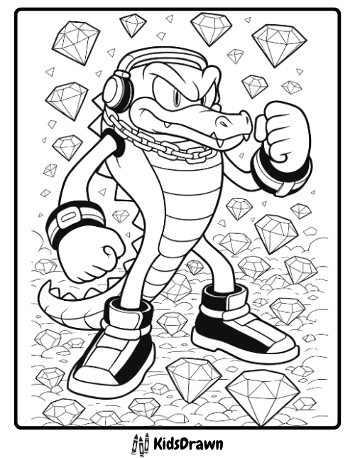Vector the Crocodile Sonic coloring page – tough crocodile character with headphones, chain necklace, and sneakers surrounded by sparkling diamonds