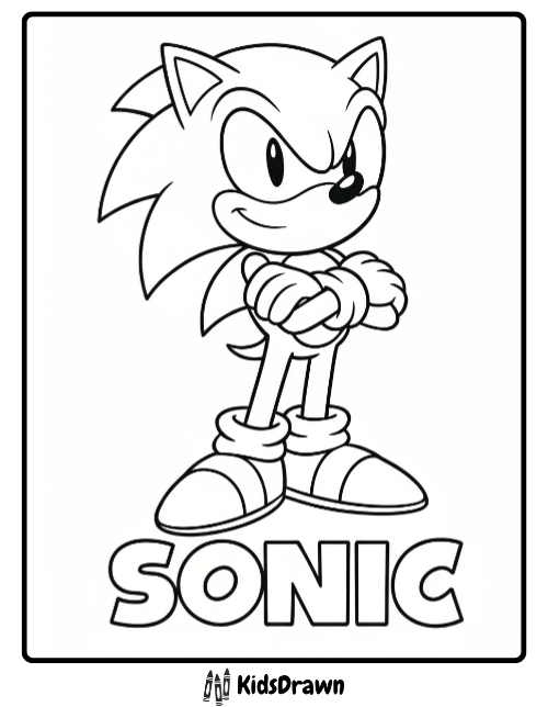Free printable Sonic the Hedgehog coloring page with confident pose and bold text SONIC.