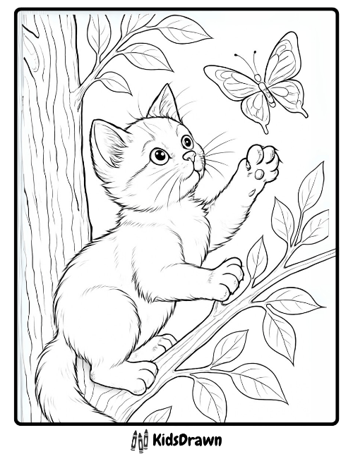 A curious kitten climbing on a tree branch reaching out toward a butterfly