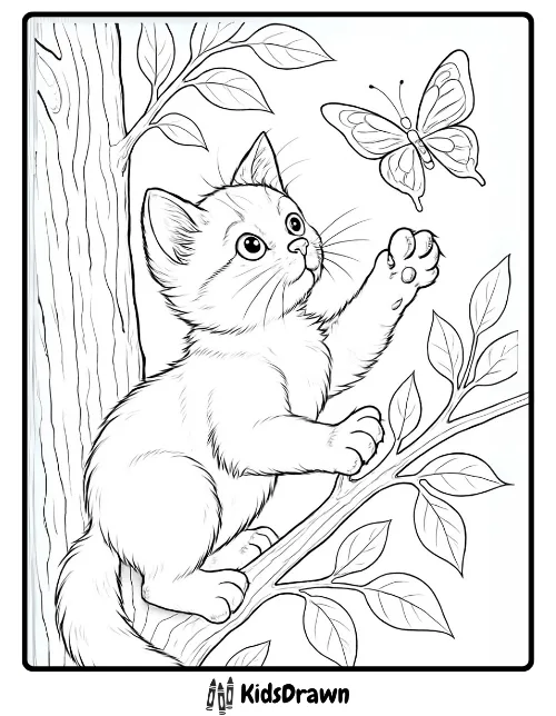 A curious kitten climbing on a tree branch reaching out toward a butterfly