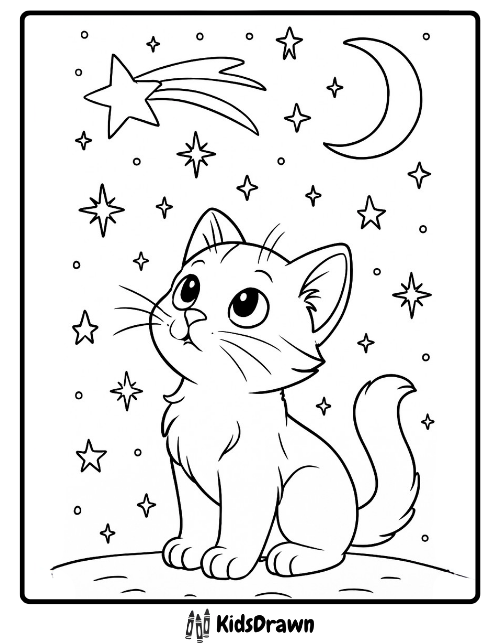 A curious kitten looking up at the night sky with stars, a crescent moon, and a shooting star