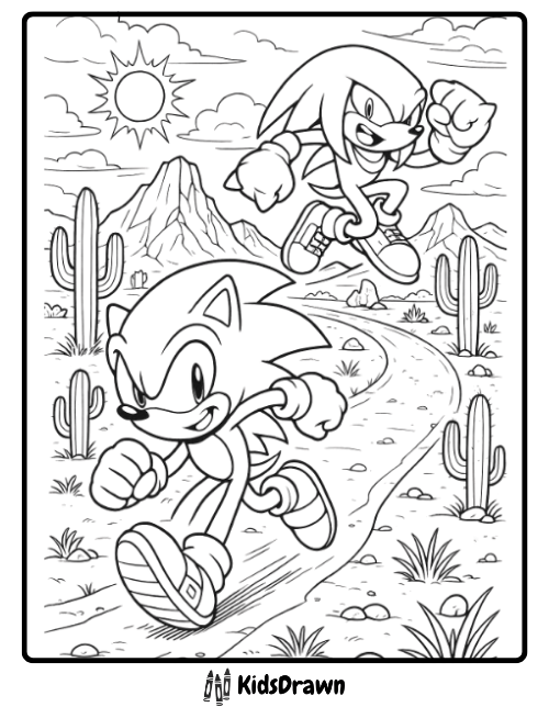 Free printable Sonic and Knuckles coloring page in a desert scene with cactus, mountains, and sunny sky