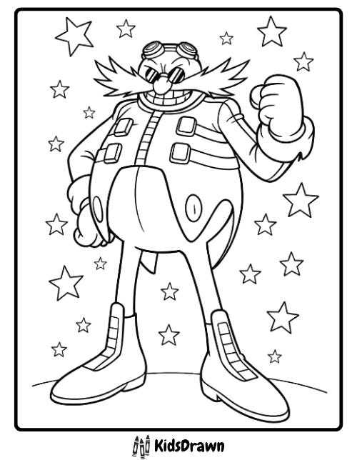 Printable Doctor Eggman coloring page featuring a stars background, free Sonic villain sheet