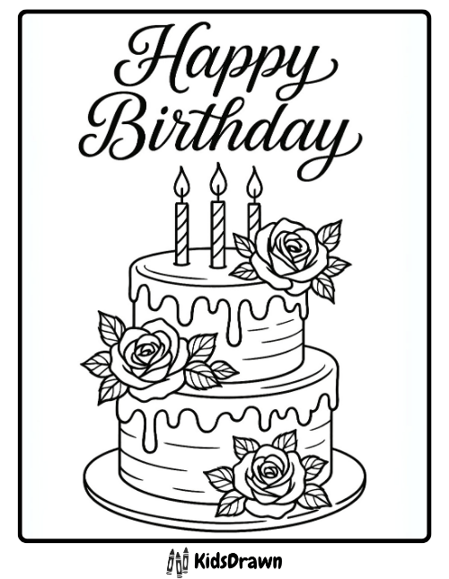 Happy Birthday coloring page with an elegant two-tier cake decorated with roses and candles – printable birthday design for kids and adults