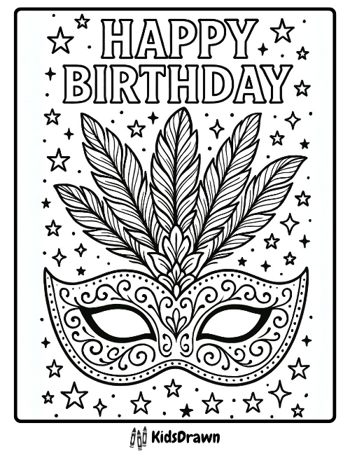 Happy Birthday coloring page with a decorative masquerade mask and feathers surrounded by stars – printable festive birthday design for kids and adults