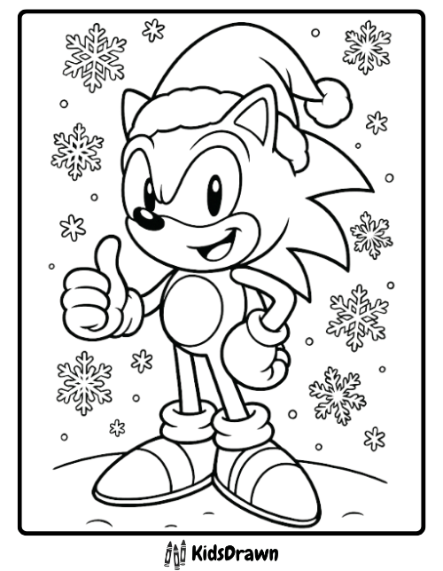 Free printable Christmas Sonic coloring page with Santa hat and snowflakes background