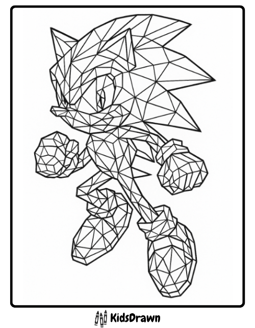Geometric Sonic running pose coloring page with polygon patterns