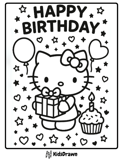 Happy Birthday coloring page featuring Hello Kitty holding a gift, with balloons, cupcake, hearts, and stars – free printable birthday sheet for children