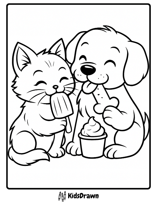 A happy kitten eating a popsicle beside a cheerful puppy enjoying a bone and ice cream