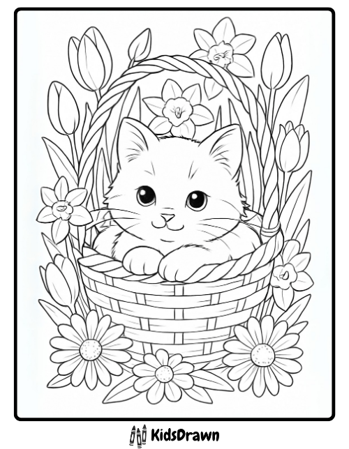 A cute kitten sitting inside a woven basket surrounded by flowers like daisies, tulips, and daffodils