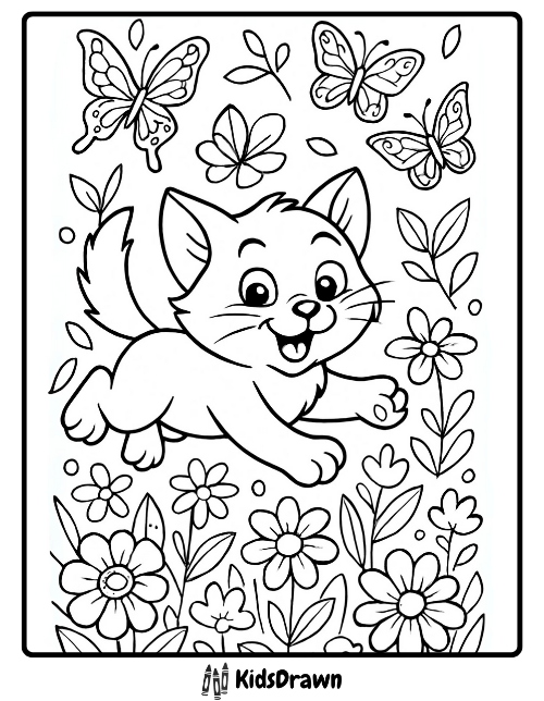 A playful kitten running happily through flowers while chasing several butterflies