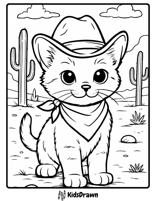 A kitten dressed as a cowboy with a hat and bandana, sitting in a desert landscape with cacti and clouds