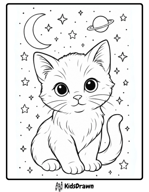 A kitten sitting under a starry night sky with a crescent moon and Saturn-like planet in the background