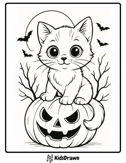 A cute kitten sitting on top of a carved Halloween pumpkin with bats flying and a full moon in the background