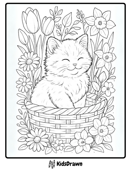 A smiling kitten sitting inside a woven basket surrounded by blooming flowers including tulips and daisies