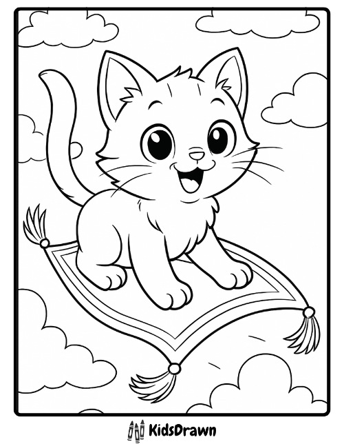 A happy kitten riding on a flying magic carpet high up in the clouds