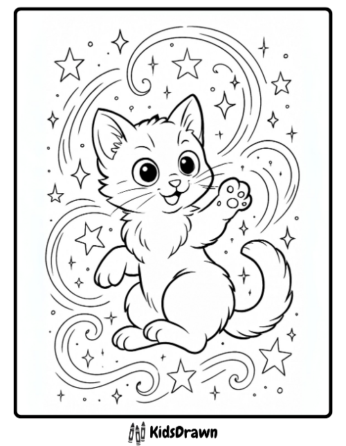 A playful kitten surrounded by sparkling stars and swirling magical patterns