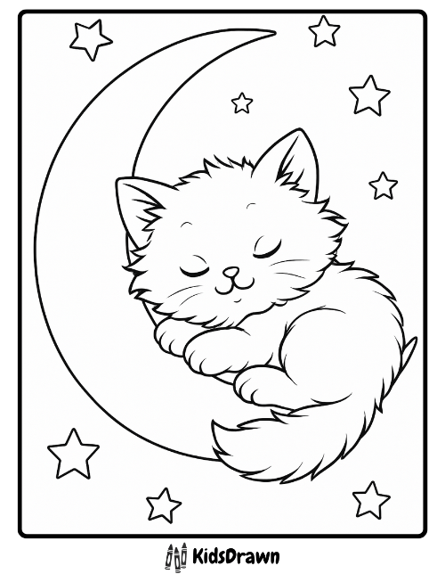 A sleeping kitten curled up on a crescent moon surrounded by stars
