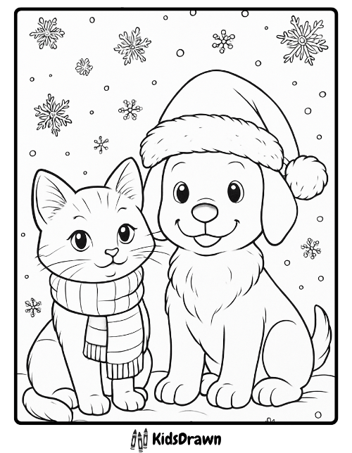 A kitten wearing a striped scarf sitting beside a puppy with a Santa hat in a snowy scene with falling snowflakes
