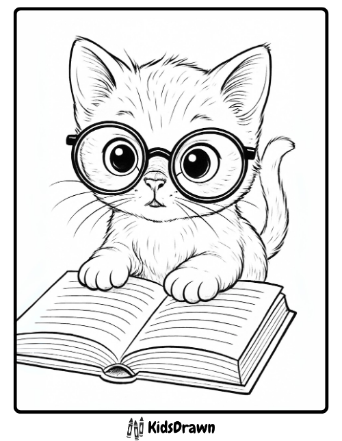 A cute kitten wearing oversized glasses sitting with an open book in front of it