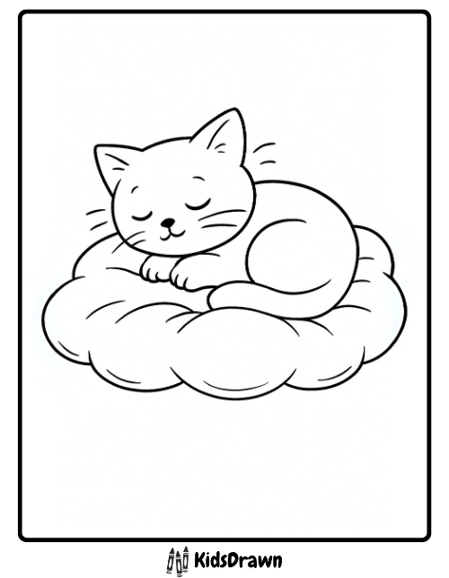 A kitten curled up peacefully asleep on a fluffy cloud