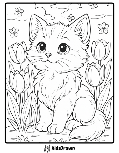 A fluffy kitten sitting among blooming tulips and flowers in a springtime scene