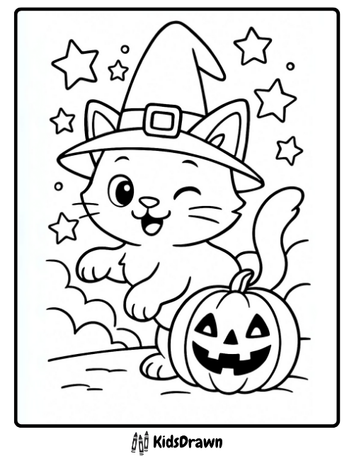 A winking kitten wearing a witch hat standing next to a carved Halloween pumpkin with stars in the background