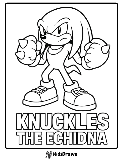 Knuckles the Echidna coloring page with strong pose and fists