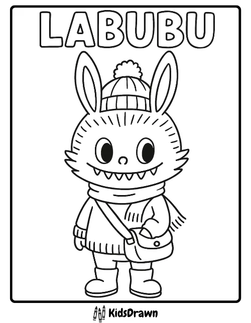 Labubu cartoon character in winter clothes with hat, scarf, and bag