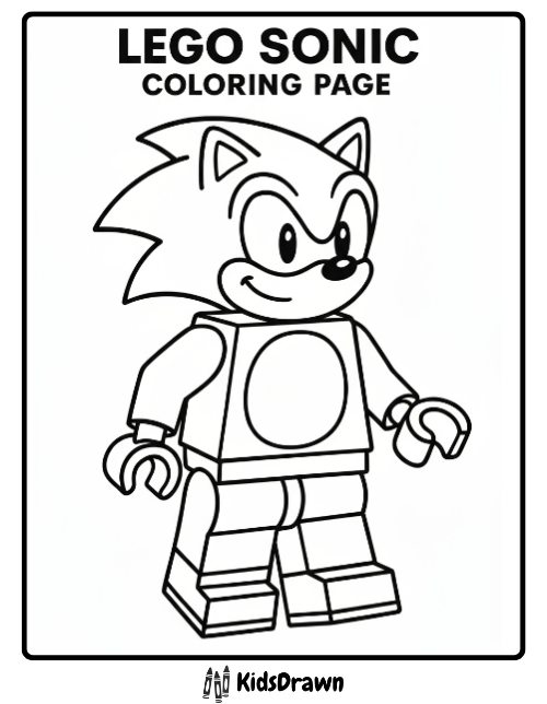 LEGO Sonic coloring page in blocky LEGO figure style