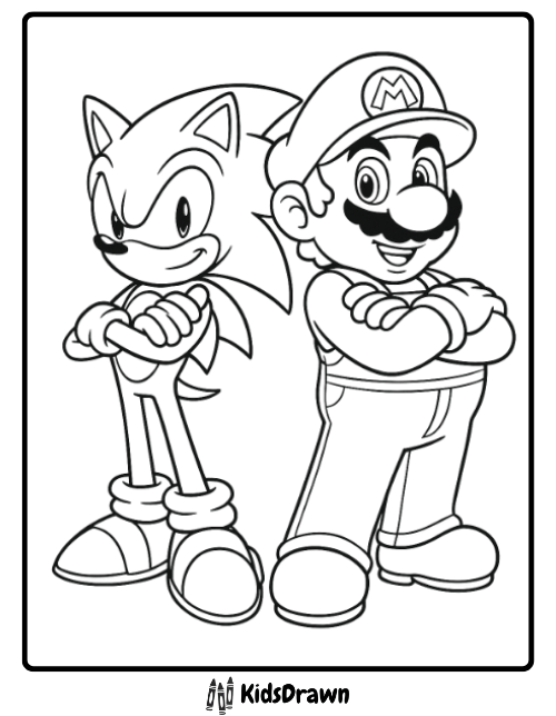 Mario and Sonic coloring page standing together with arms crossed
