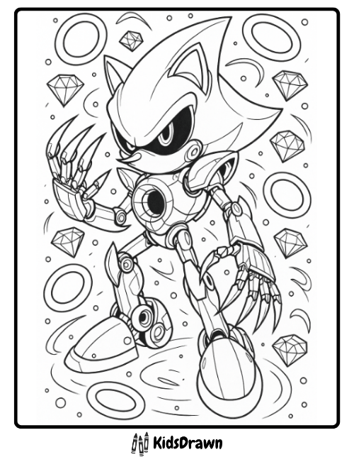 Metal Sonic coloring page with robotic design, gems, and rings