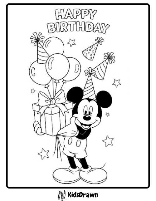 Happy Birthday coloring page with Mickey Mouse wearing a party hat, holding a gift and balloons, surrounded by stars – printable cartoon birthday activity for kids