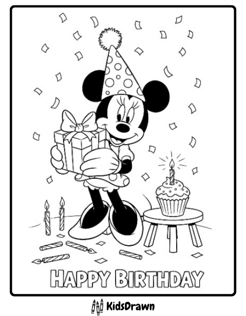 Happy Birthday coloring page with Minnie Mouse wearing a party hat, holding a gift, surrounded by confetti and a cupcake with candle – fun printable birthday sheet for kids