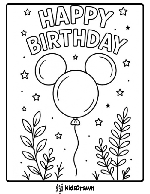 Happy Birthday coloring page with a balloon shaped like mouse ears, surrounded by stars and leaves – simple printable birthday design for kids