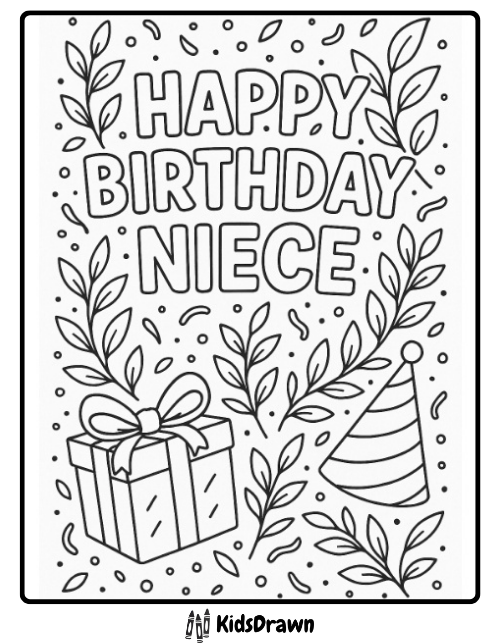 Happy Birthday Niece coloring page with a wrapped gift, party hat, leaves, and confetti – festive printable birthday sheet for kids