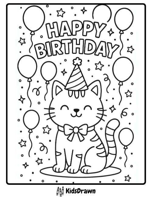 Cute Happy Birthday cat coloring page with party hat, balloons, confetti and stars, fun printable for kids