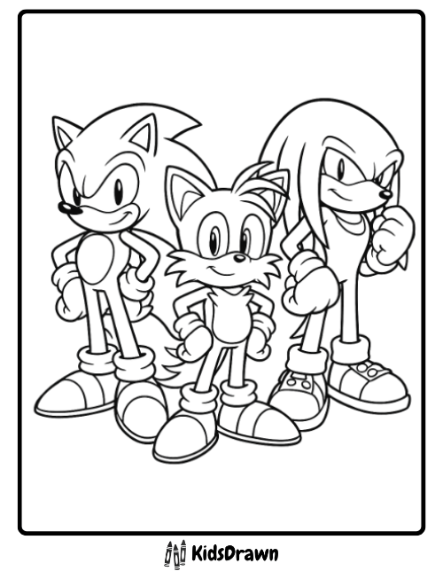 Printable Sonic coloring page featuring Sonic the Hedgehog, Tails, and Knuckles standing together ready for adventure